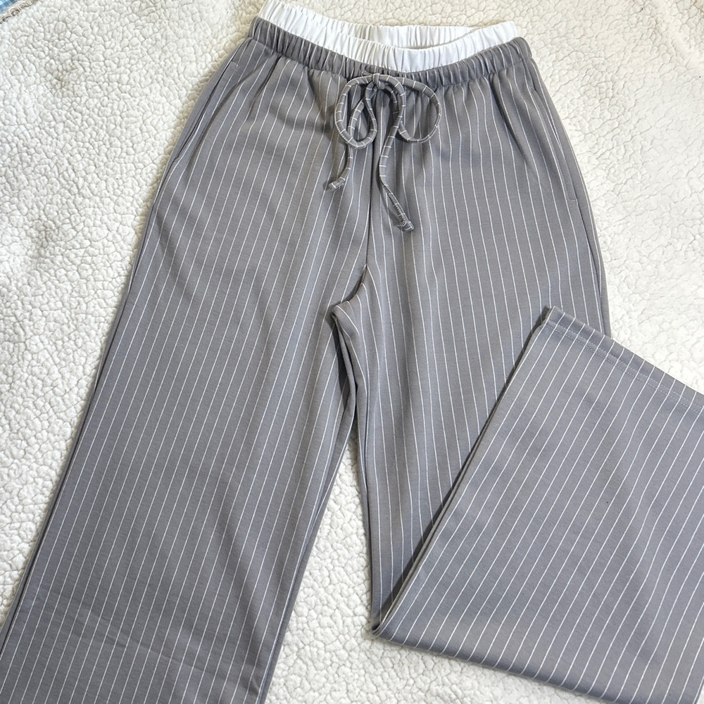 Trendy peak-boo Boxer-top Gray Pin Striped Women’s Pants by Love Poem